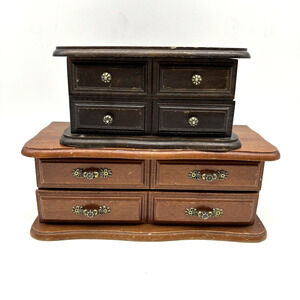 Lot of 2 Vintage Wooden Jewelry Boxes w/ Hinge Opening Mirrors Drawers